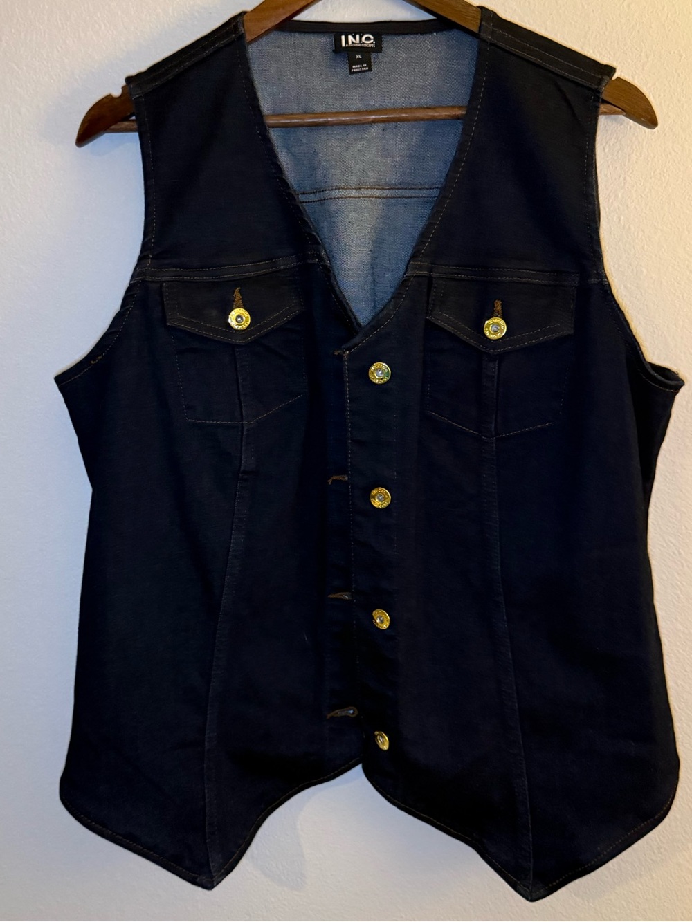 INC International Concepts Dark Blue Denim Vest with Gold-Tone Button